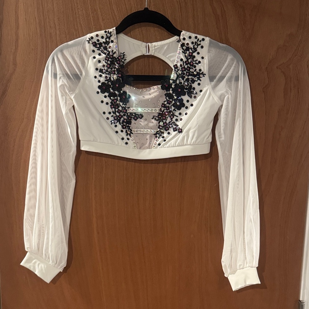 Elegant White and Black Rhinestone Embellished LC kids dance Top